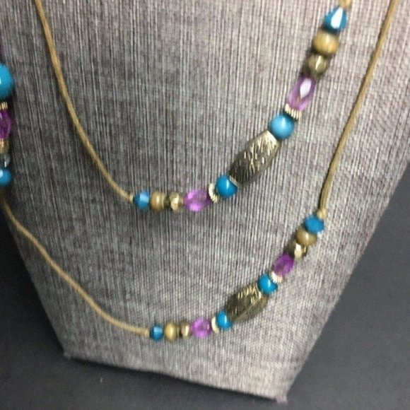 Long Necklace Purple Turquoise Blue Silver Beige Round Faceted Retro BoHo - Picture 3 of 6